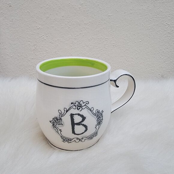 Anthropologie Katie Mandy Monogram “B” Initial  Mug Tea Cup Wht/blk/grn 14oz - Picture 1 of 3
